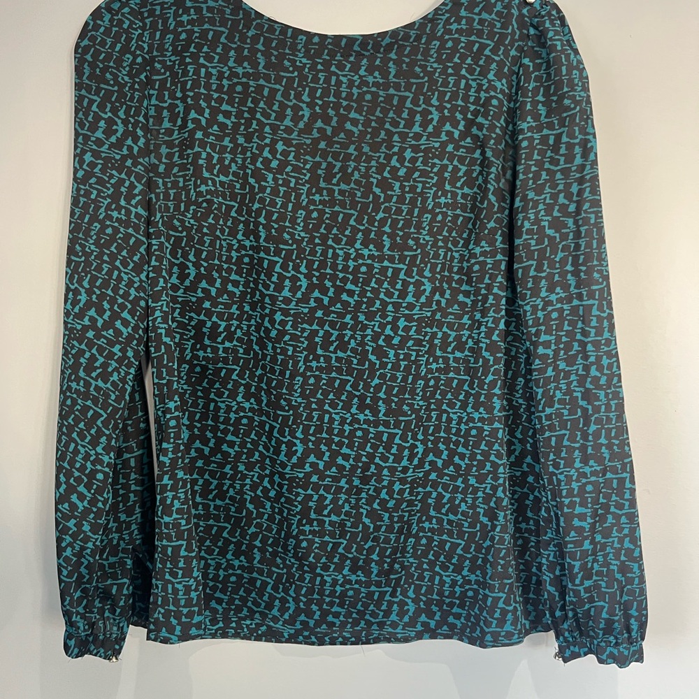 Ann Taylor Teal and Black Patterned Blouse